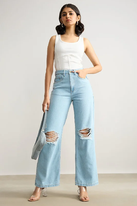 Women's Occasion Wear Clothing High Waisted Distressed Light Blue Jeans