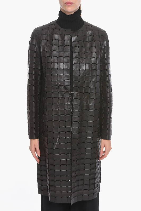 Women's Outerwear Attire Bottega Veneta Knitted Leather SATINE Coat with Drawstring