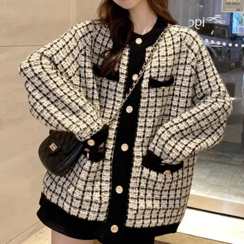 Women's Trendy Casual Clothes Plaid Oversized Cardigan Sweater for Women