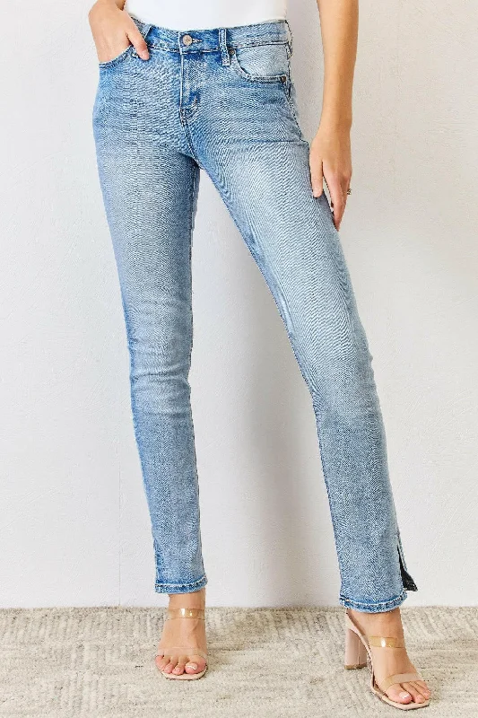 Minimalist Women's Fashion Clothing Kancan Full Size Mid Rise Y2K Slit Bootcut Jeans in light denim