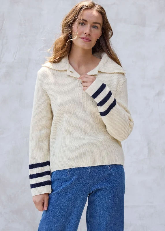 Affordable Online Boutique VANOISE - Button-Down Collar Sweater with Flared Long Sleeves | 100% Wool (IVORY / NAVY)