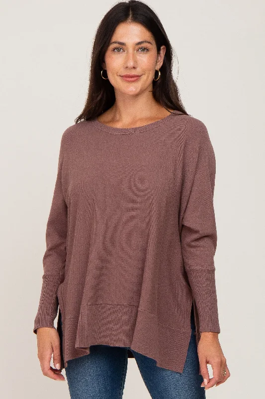 Vintage-Inspired Women's Clothes Mocha Dolman Sleeve Side Slit Sweater