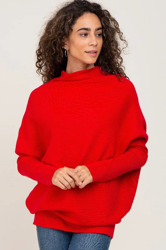 Luxury Women's Clothes Red Funnel Neck Dolman Sleeve Sweater