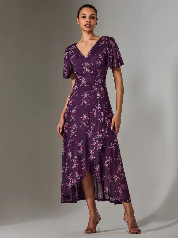 Stylish Clothes For Women Wrap Midaxi Dress, Purple Floral