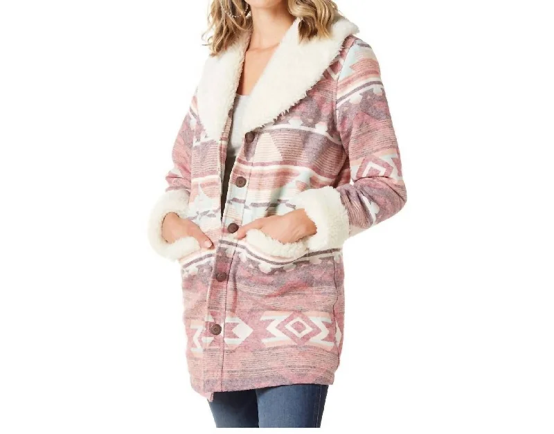 Timeless Women's Clothing Retro Southwest Print Sherpa Shawl Collar Coat In Rosa Pink