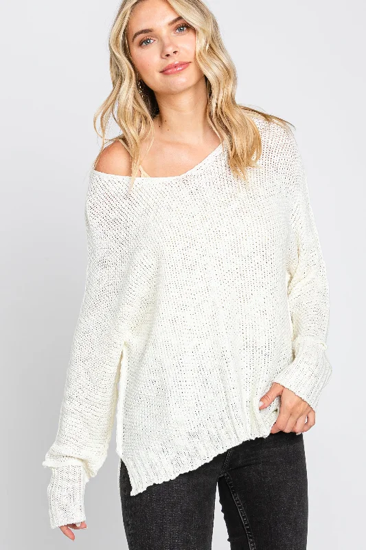 Women's Clothing Apparel Cream Chunky Knit Side Slit Sweater