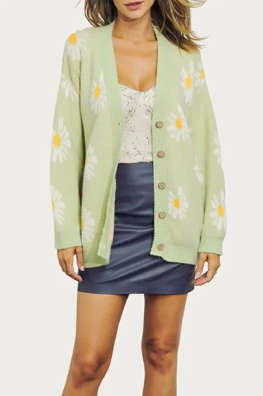 Women's Formal Clothes Retro Floral Knit Button-Front Cardigan In Lime