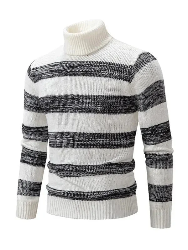 Women's Elegant Clothing Sets Striped Patchwork Turtleneck Men Sweater