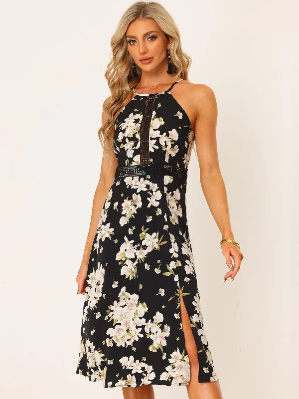 Women's Fashion Clothes Halter Neck Split Sleeveless Floral Print Summer Boho Dress Sundress