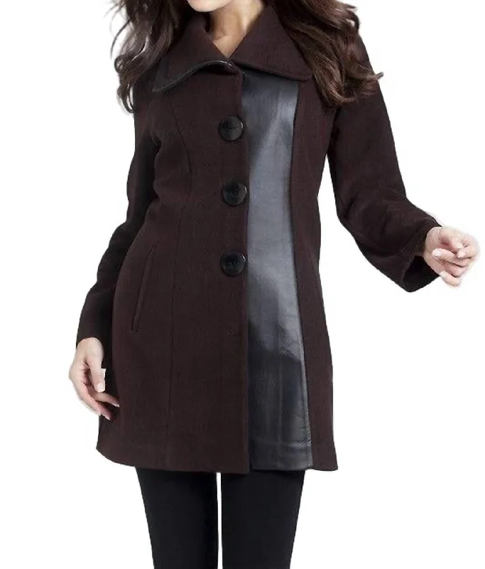 Women's Workout Clothing Faux Leather Accent Car Coat In Brown/black