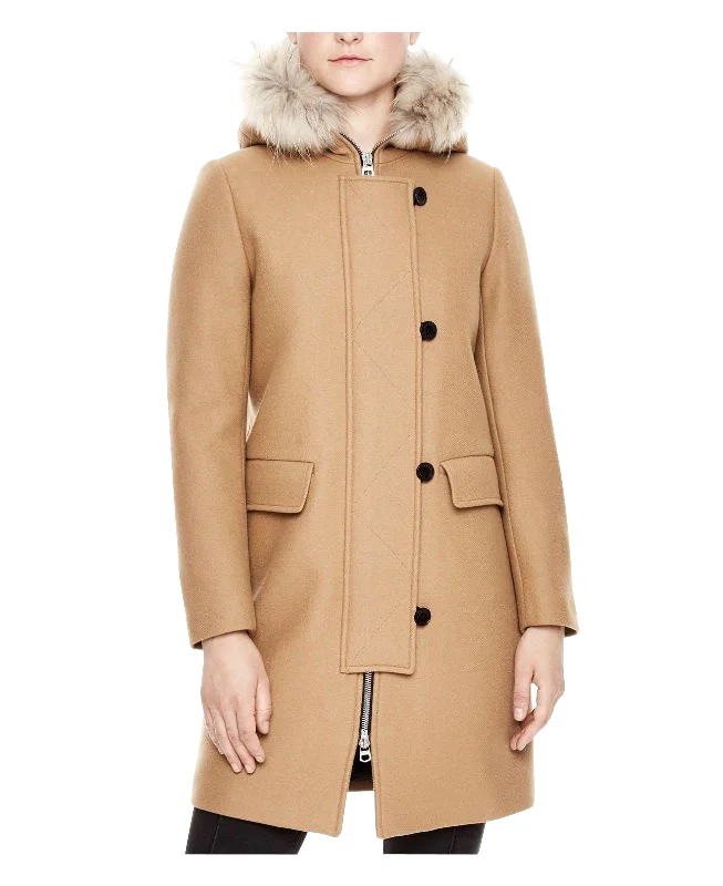 Online Boutiques Affordable Sandro Women's  Kurt Wool Coat with Fur Trim Hood 4 Buttons