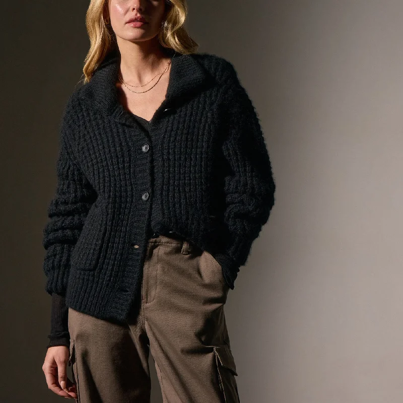 Summer Sale Cashmere Chunky Waffle Cardigan - True Black