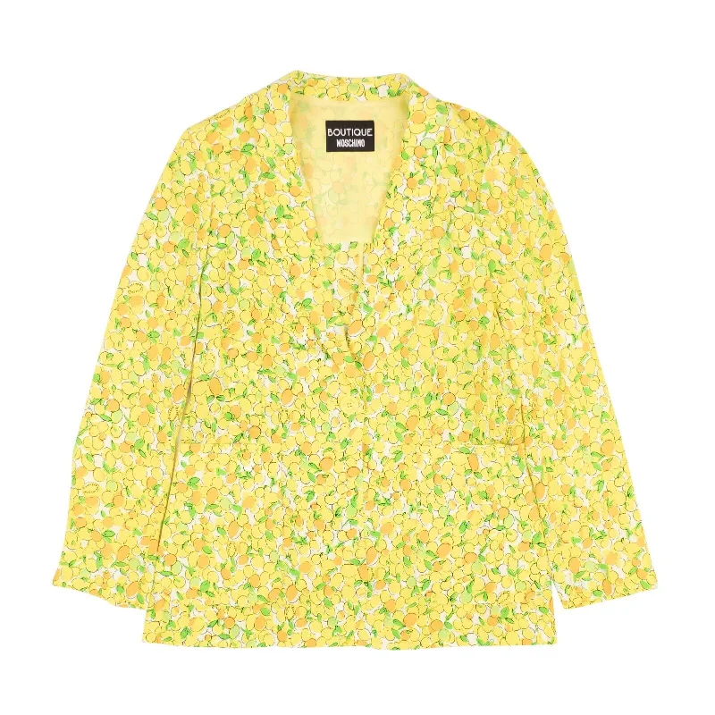 Women's Clothing For Holiday Travel NWT BOUTIQUE MOSCHINO Yellow Lemon Print Silk Blazer Jacket