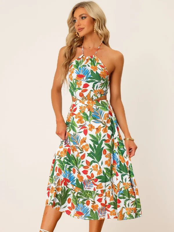 Stylish Outerwear Clothes For Women Summer Floral Sundress Cutout Waist Tropical Midi Dress