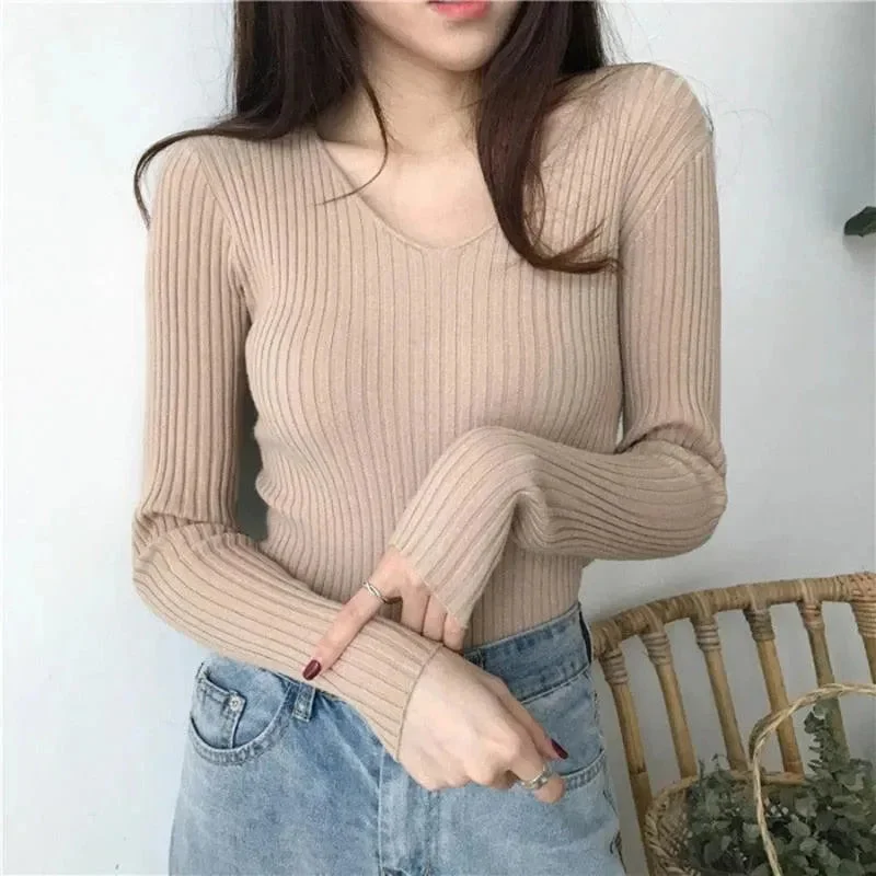 Women's Fashionable Attire For Work V-Neck Slim Knitted Sweater