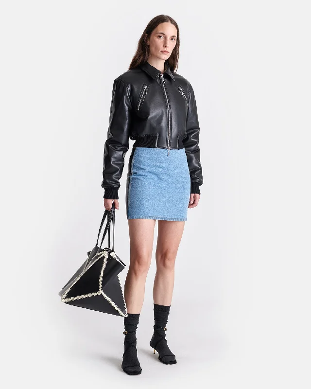 Trendy Athleisure Clothing For Women Vivian - Denim And Regenerated Leather Mini Skirt - Mid Blue/Black