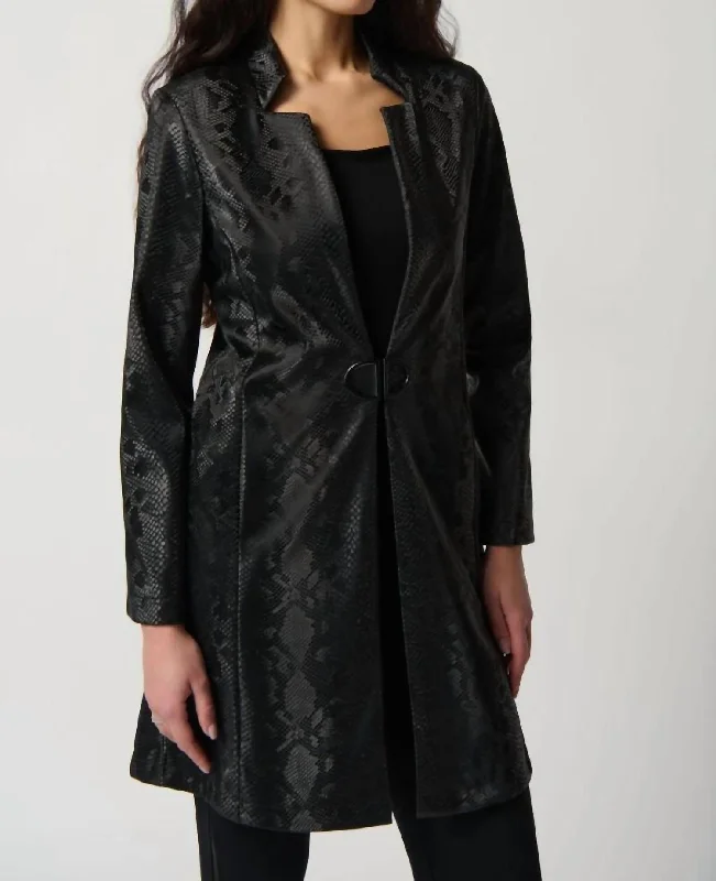 Formal Attire For Women Faux Leather Snake Print A-Line Coat In Black