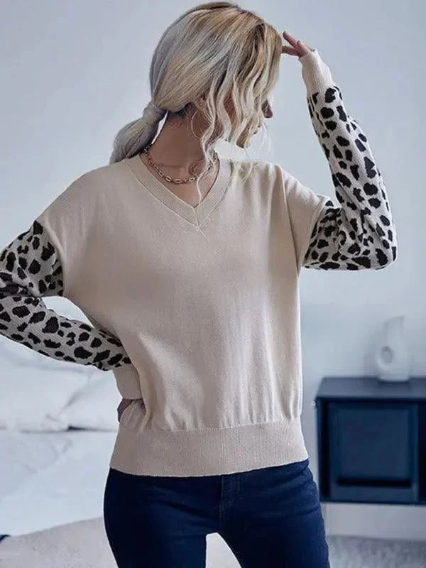 Women's Resort Attire V-Neck Knitted Sweater Top Women With Wild Print Sleeves