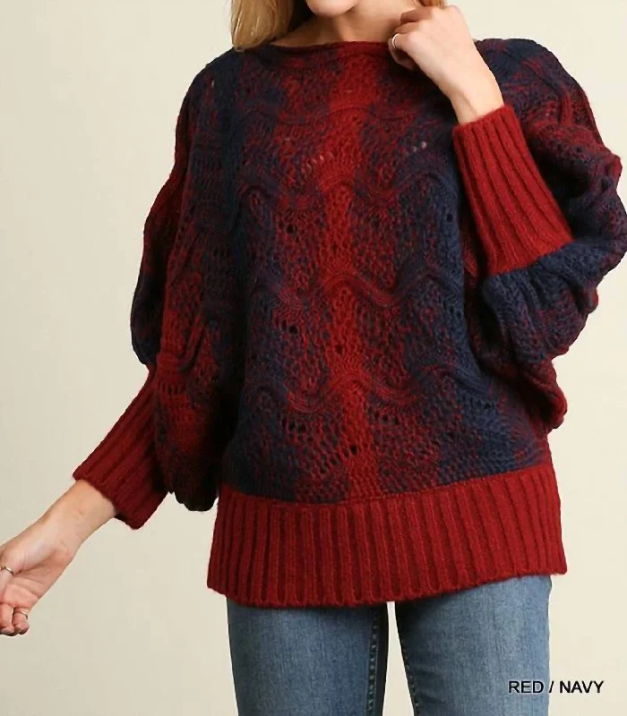 Women's Casual Wear Clothes Puff Sleeve Chunky Knit Sweater In Navy And Red