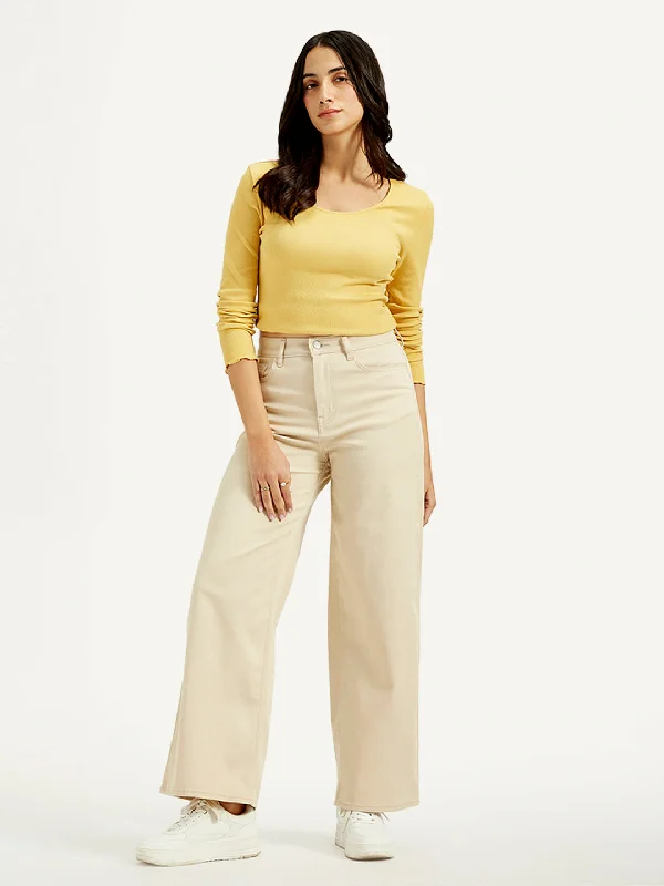 Plus-Size Women's Clothing Women's High Rise Vintage Chino Wide Leg Cream Jeans