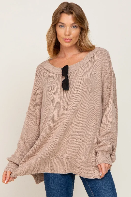 Women's Occasion Wear Apparel Taupe Exposed Seam Side Slit Sweater