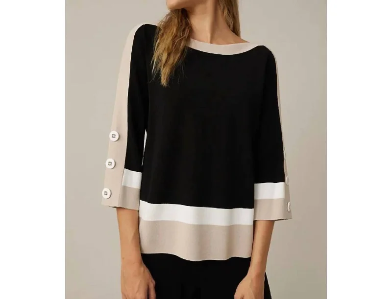 Sustainable Women's Apparel Color Block Pull-On Sweater In Black Vanilla & Moonstone