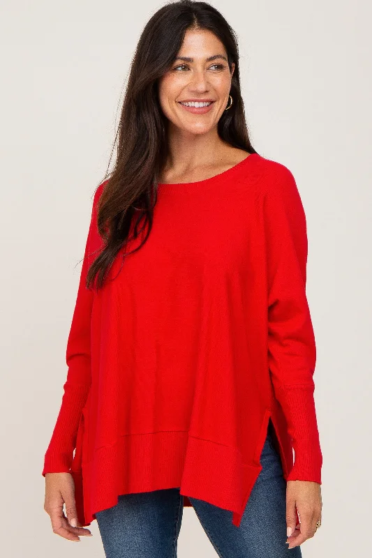 Women's Holiday Clothing Red Dolman Sleeve Side Slit Sweater