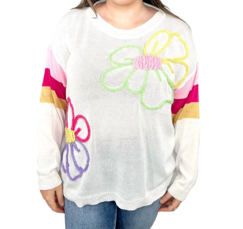 Women's Chic Apparel Striped Sleeve Flower Lightweight Sweater In Multi Color