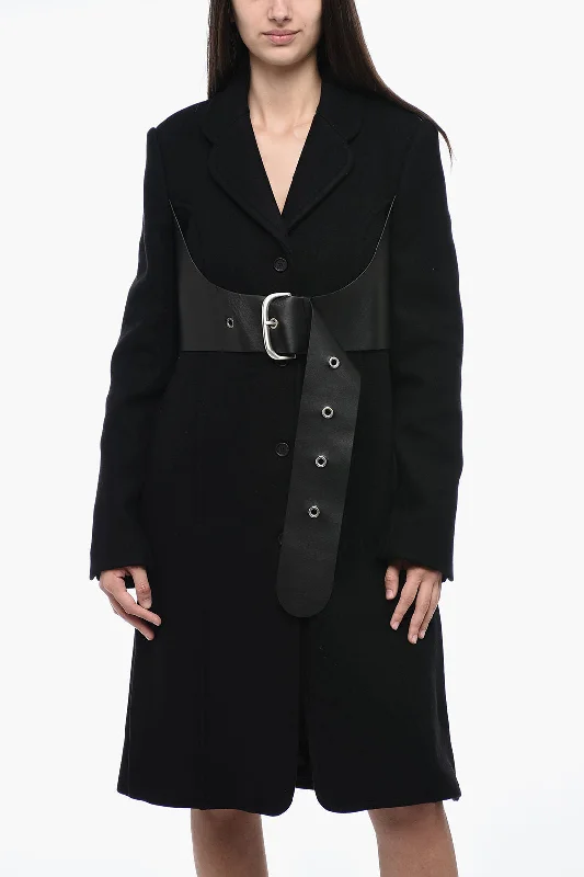 Women's Travel Attire Off-White Wool Blended Flared Coat with Leather Belt