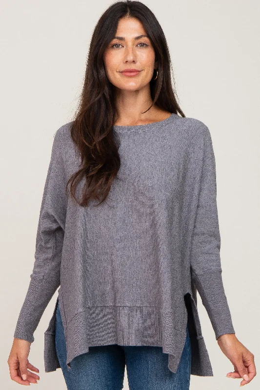 Women's Elegant Clothing Sets Heather Grey Dolman Sleeve Side Slit Sweater