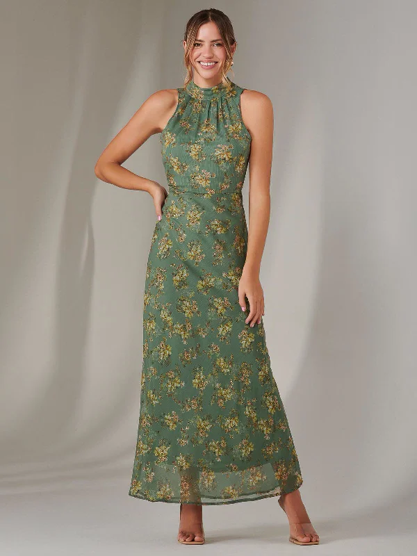 Sustainable Women's Apparel Chiffon Maxi Dress, Green Floral