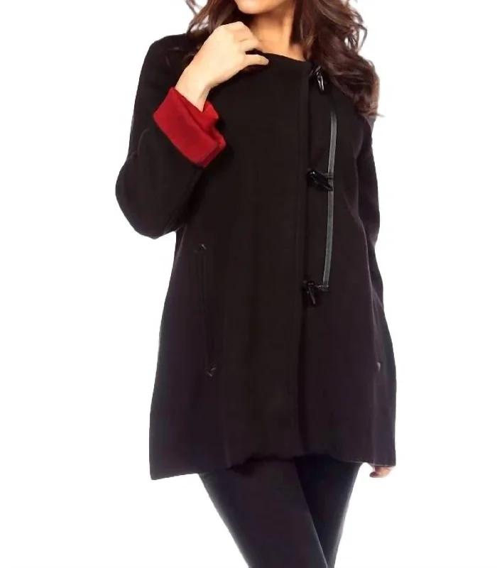 Women's Clothing For Travel Asymmetrical Toggle Jacket In Black/red