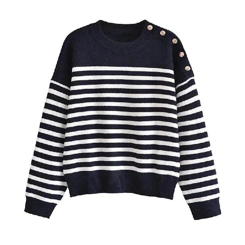 Affordable Luxury Women's Apparel Buttoned Striped Pullover Sweaters