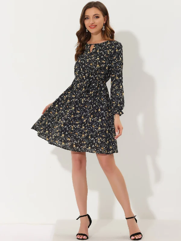 Classic Clothes For Women Ditsy Floral Keyhole Round Neck Elastic Tie Waist Long Sleeve Dress