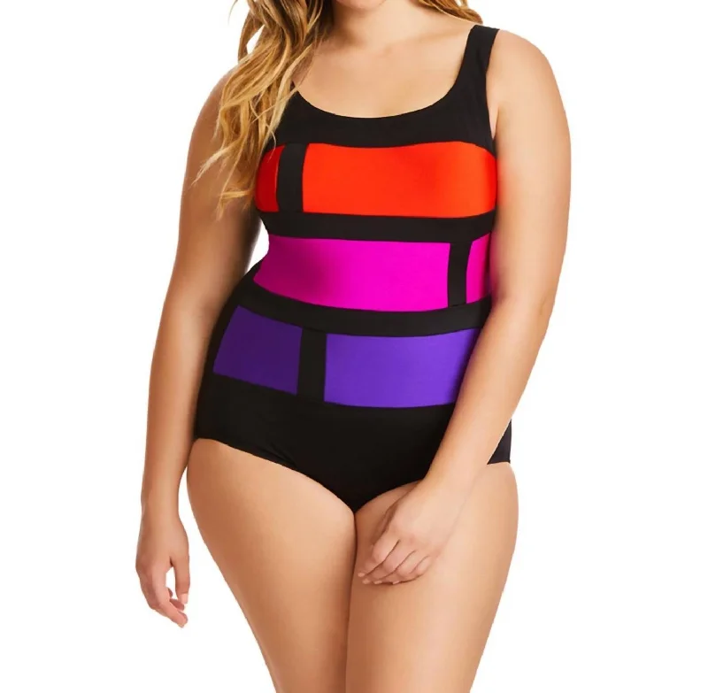 Sale Clothes Online Color Block One Piece Swimsuit In Stained Glass Purple