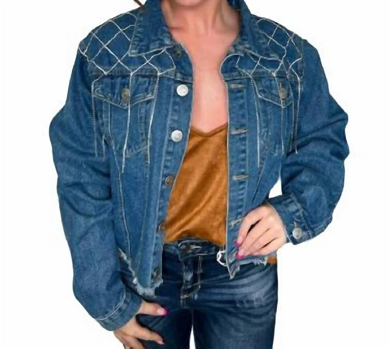 Stylish Women's Apparel Elsie Rhinestone Chain Detailed Yoke Denim Jacket In Blue