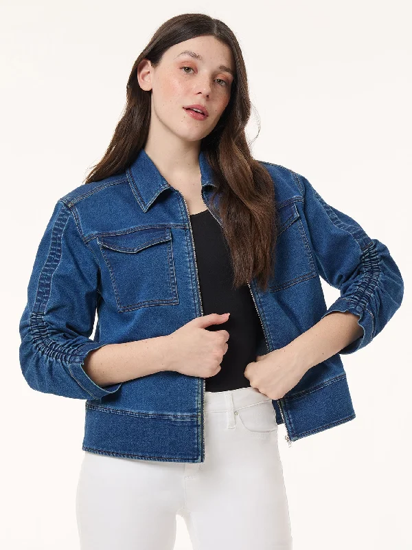 Fashion Women's Clothing Shirred Sleeve City Denim Jacket, Shore Wash