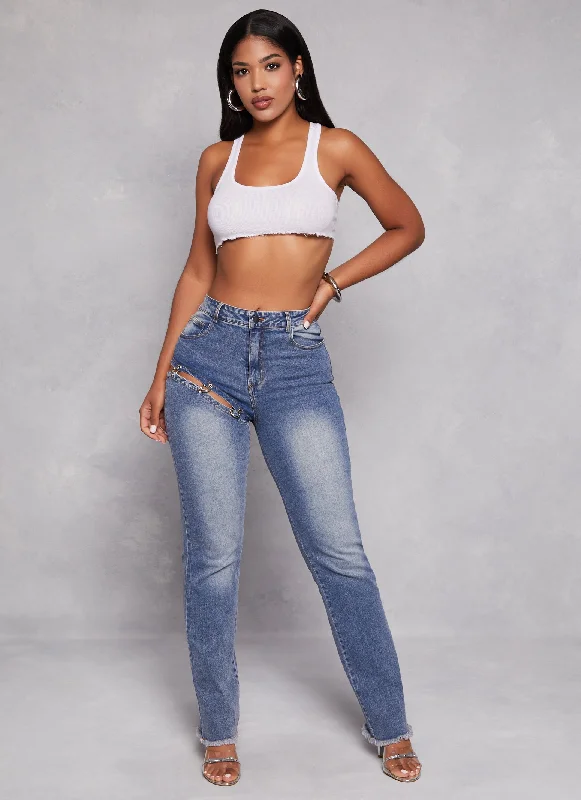 Affordable Women's Clothing Sale Online Cut Out Ring Detail Straight Leg Jeans