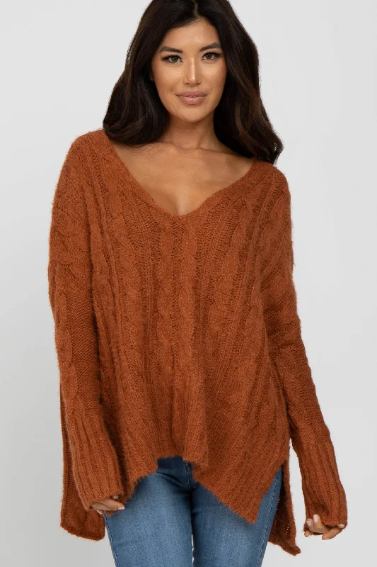 Women's Seasonal Clothing Camel V-Neck Side Slit Cable Knit Sweater