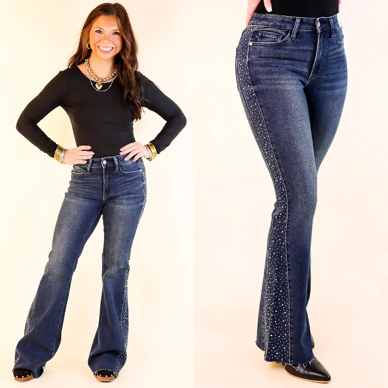 Fashion-forward Women's Clothing Judy Blue | Dazzling Denim Flare Jean with Rhinestone Side Panel Detail in Dark Wash