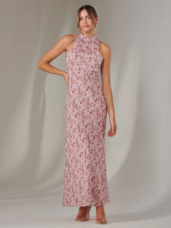 Timeless Women's Apparel Chiffon Maxi Dress, Pink Floral