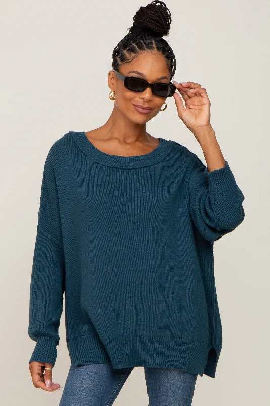 Fashionable Women's Casual Apparel Teal Exposed Seam Side Slit Sweater