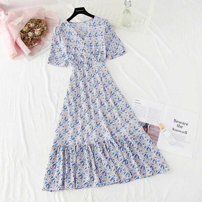 Women's Formal Wear Floral Chiffon Dress gentle wind long skirt sweet V-neck  4859