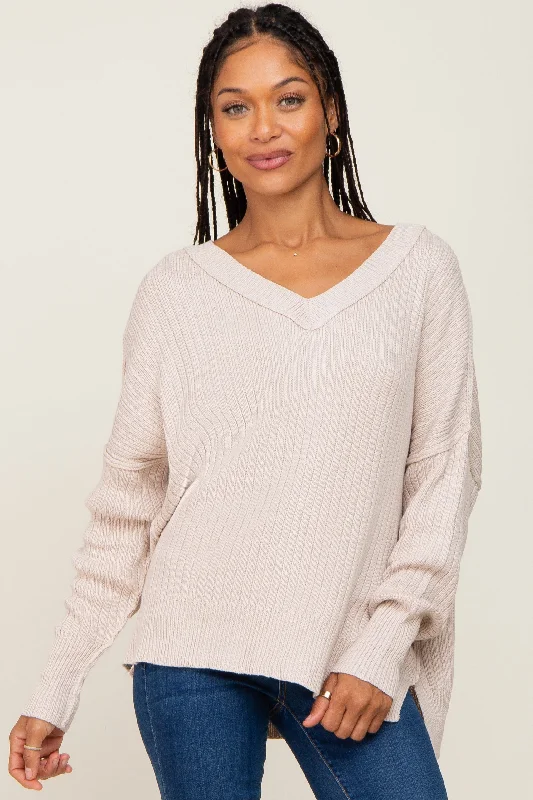 Women's Casual Apparel For Weekends Beige V-Neck Oversized Sweater