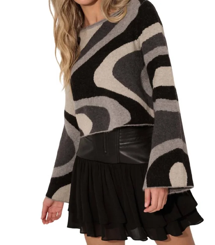 Affordable Women's Clothing Swirl Raw Edge Bell Sleeve Sweater In Black/grey