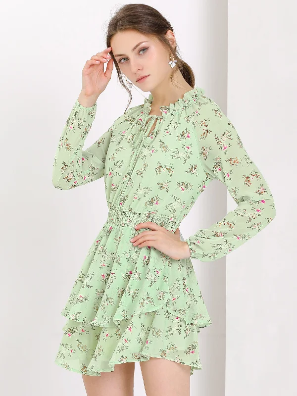 Women's Transitional Clothes Ruffled Floral Smocked Waist Layered Tiered Chiffon Dress