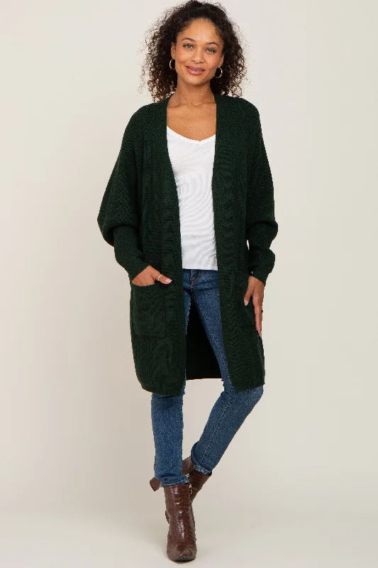 Women's Athletic Clothes Forest Green Pocketed Knit Cardigan