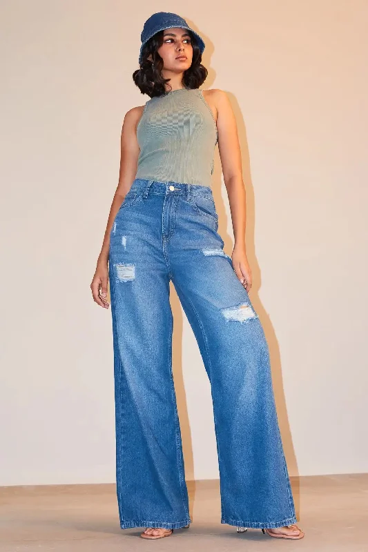 Women's Clothing Outfit Set High Waisted Ultra Wide Mid Blue Jeans