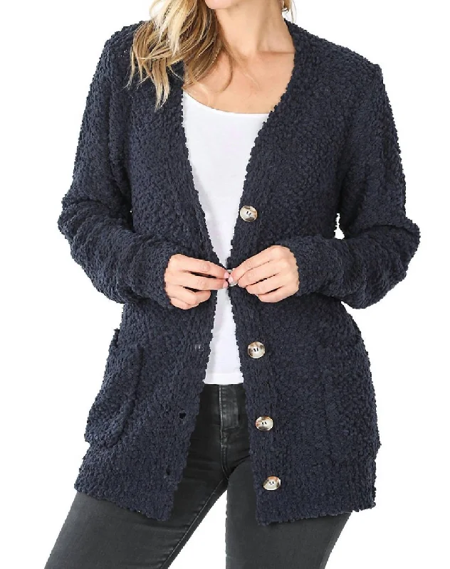 Women's Clothes And Apparel Popcorn Button Down Cardigan In Midnight Navy