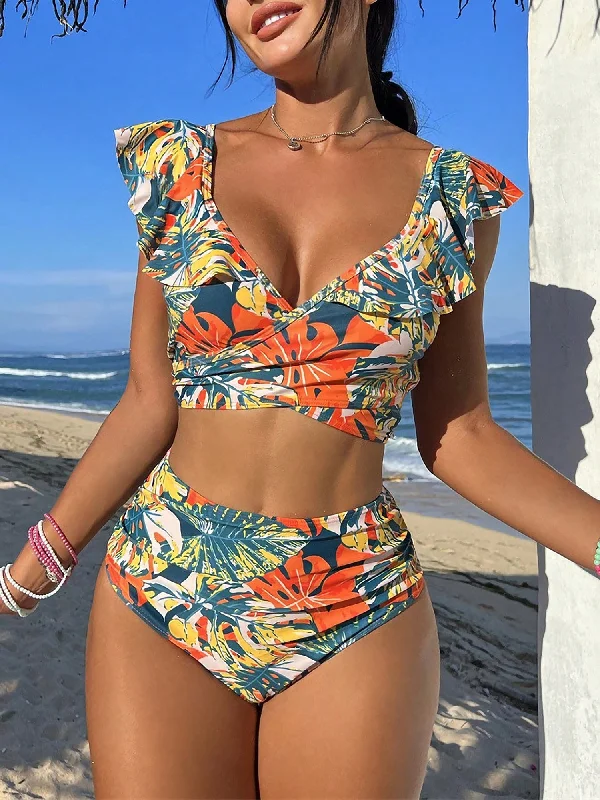 Women's Athleisure Apparel Ruffled Lace-Up Floral Bikini Swimsuits